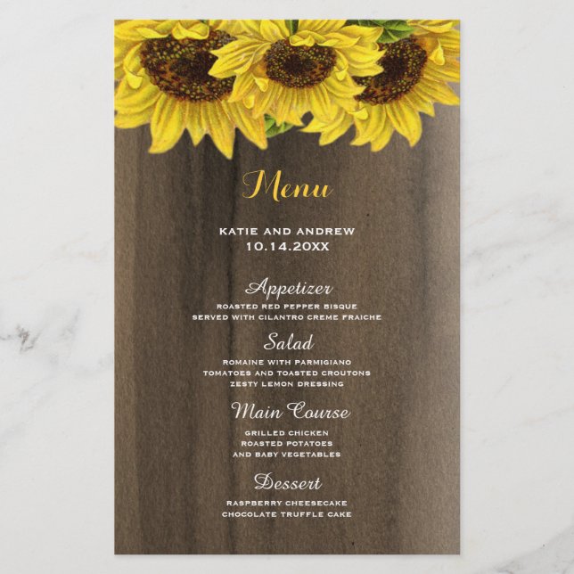 Menu Rustic Sunflower Weding (Frente)