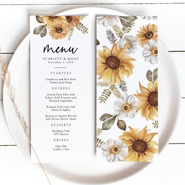 Menu Rustic Sunflower Weding (Rustic Watercolor Sunflower Floral Wedding Menu by Painted Paperie
)