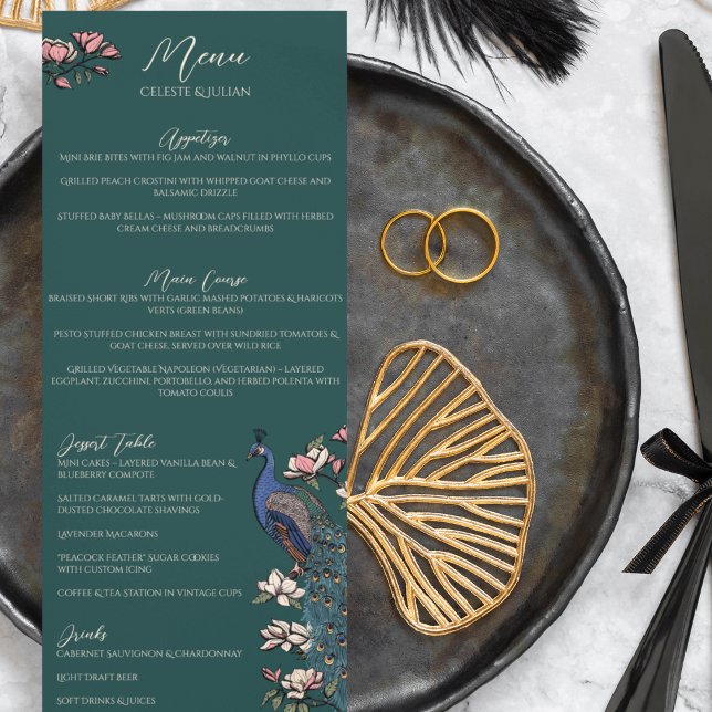 Menu Rustic Teal Green Floral Peacock Bird (Rustic Teal Green Peacock Chinoiserie Wedding Menu for Wedding, Bridal Shower, Rehearsal Dinner.)