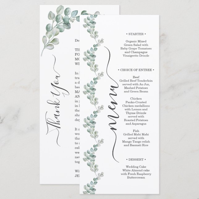 Menu Rustic Watercolor Eucalyptus Greenery Wedding (Frente/Verso)