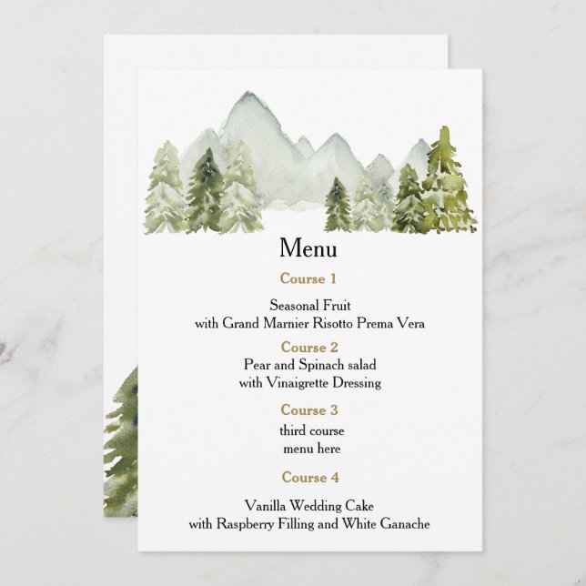 Menu Rustic Watercolor Mounts Pine Casamento no inverno (Frente/Verso)