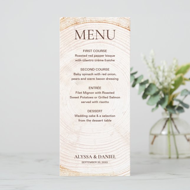 Menu Rustic Wedding Tree rings Wood bark Grain  (Em pé/Frente)
