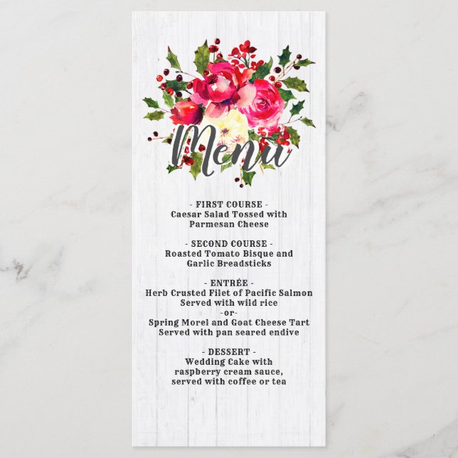 Menu Rustic Winter Holly White Wood Wedding (Frente)
