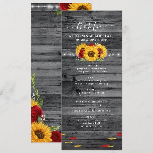 Menu Rústica Madeira Girassol e Rosa vermelha Casamento (Frente/Verso)