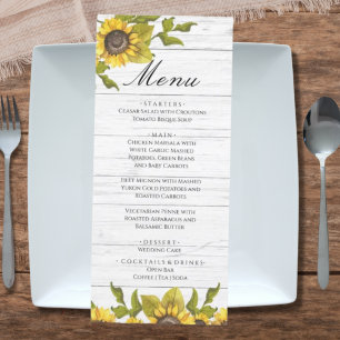 Menu Rústica Weathertic White Wood Bride Groom Sunflowe