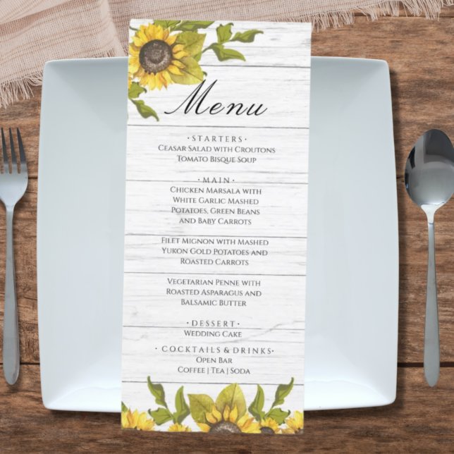 Menu Rústica Weathertic White Wood Bride Groom Sunflowe (Criador carregado)