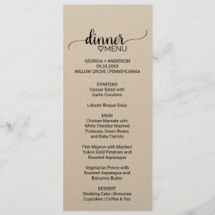 Menu rústico do comensal de casamento da