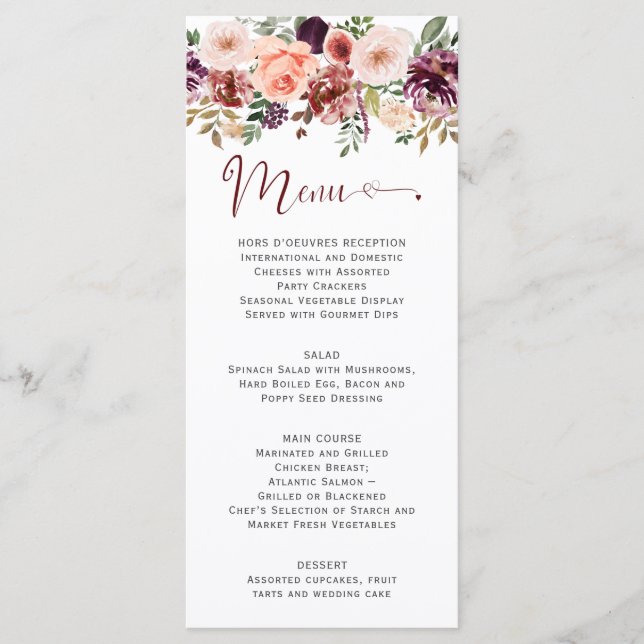 Menu Rústico Outono Boho Aquarela Floral Coração Script (Frente)