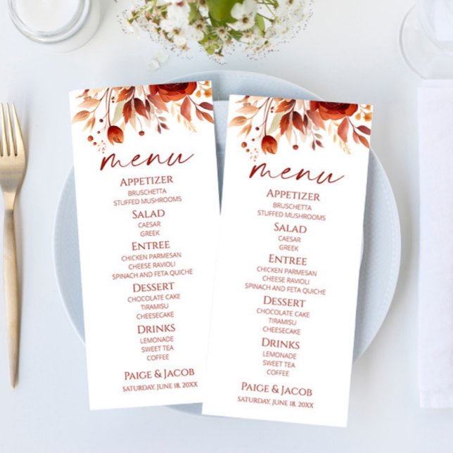 Menu Rusty Burgundy Brown Floral Flower Casamento (Criador carregado)