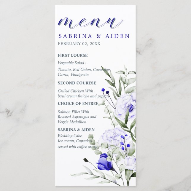 Menu Sade Do Casamento Floral Real De Marfim Azul (Frente)