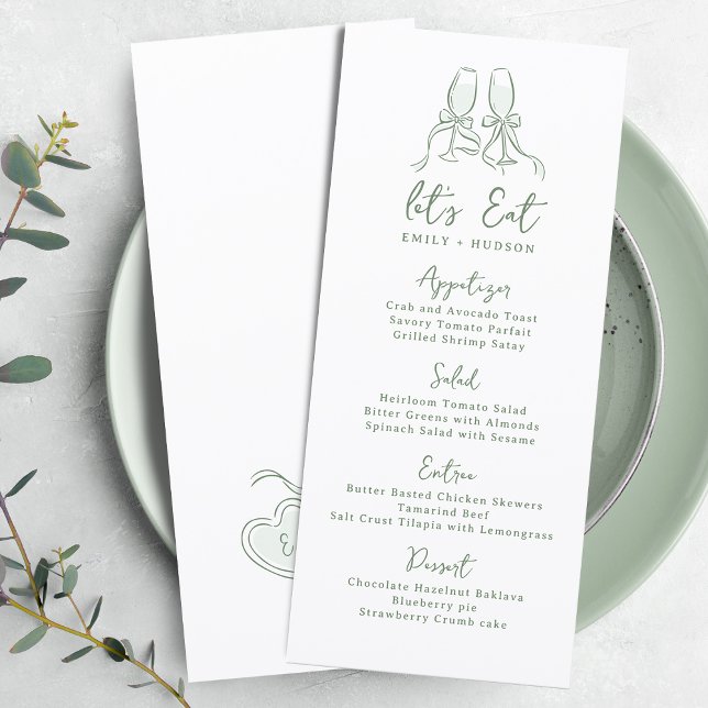 Menu Sage Desenhado à Mão Brindes Copos Casamento Capri (Sage Hand Drawn Cheers Glasses Whimsical Wedding Menu)