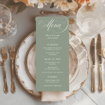 Menu Sage Green | Casamento de Elegância Italiana Cláss<br><div class="desc">Estes elegantes cartões verdes de noiva exibem o estilo clássico do velho mundo com caligrafia branca romântica. Adicione suas opções de janto para iniciantes ou aperitivos, primeiro curso, prato principal ou entrada e sobremesas. Defina o tom para a sua luxuosa e sofisticada Itália inspirou a recepção de casamento ou o...</div>