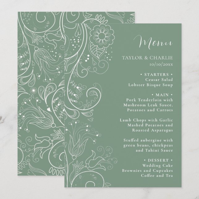 Menu Sage Green Elegant Floral Wedding (Frente/Verso)