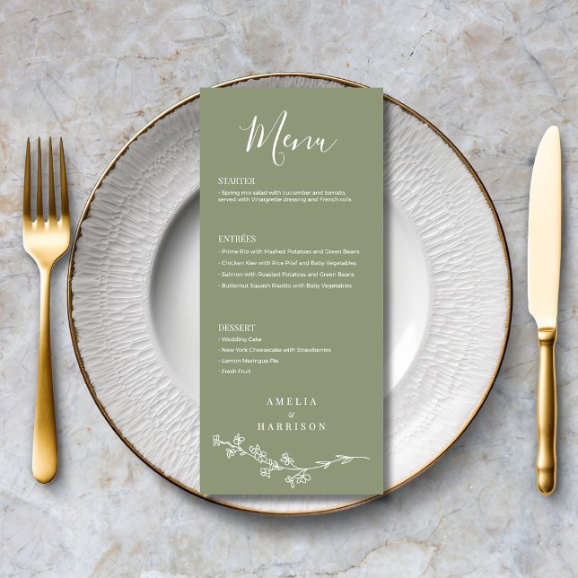 Menu Sage Green Floral Formal Casamento Elegante (Sage Green Floral Formal Elegant Wedding Menu with Menu Options, Optional Text on Back.)