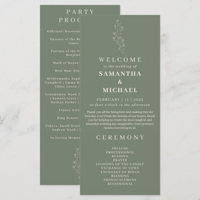 Menu Sage Green Flower Tiny Floral Weding Program (Frente/Verso)