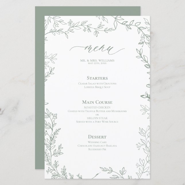 Menu Sage Green Leafy Frame Wedding (Frente/Verso)
