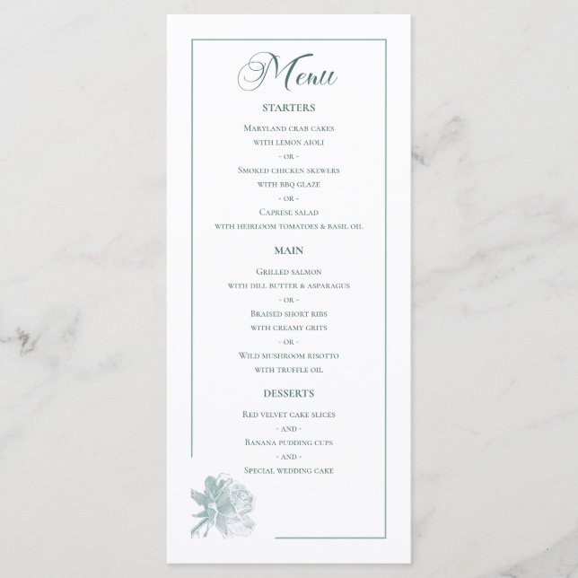 Menu Sage Green Line Art Rose Dinner Details Wedding (Frente)