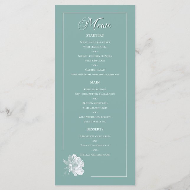 Menu Sage Green Line Art Rose Dinner Dishes Wedding (Frente)
