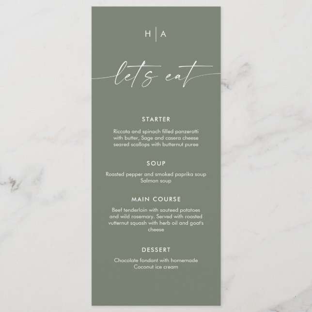 Menu Sage Green Minimalist Handwriting Wedding Dinner  (Frente)