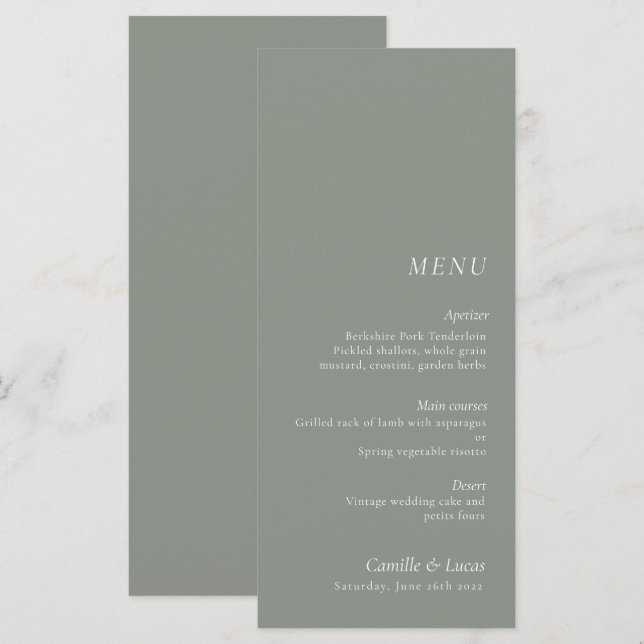 Menu Sage Green Minimalista & Elegante casamento (Frente/Verso)