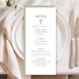 Menu Sage Green Religious Cross Boy First Communion