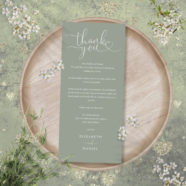 Menu Sage Green Script Wedding Obrigado Place Card (Sage Green Script Wedding Thank You Place Card)