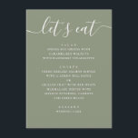 Menu Sage Green Wedding | Minimalist Script Modern<br><div class="desc">This wedding menu card features a clean, modern layout paired with a soft sage green background, creating a refined and inviting look for your reception tables. The combination of delicate script and structured typography adds a subtle contrast, making each section easy to read while still feeling elegant and cohesive. Perfect...</div>