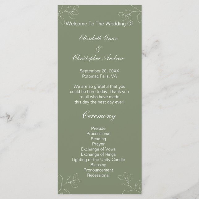 Menu Sage Green White Floral Botânica Weding Program (Frente)