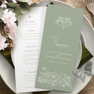 Menu Sage green white monograma fleur de lis casamento