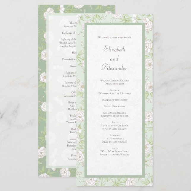 Menu Sage Green White Rose Wedding Programs (Frente/Verso)