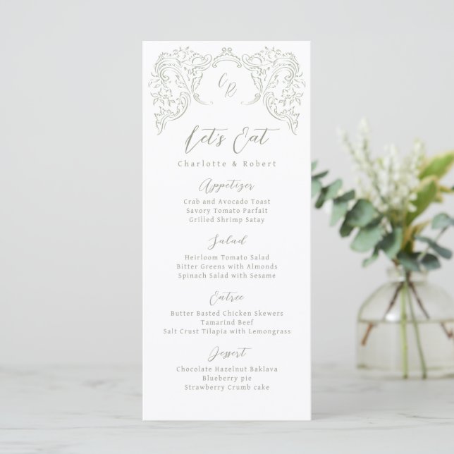 Menu Sage Sketch Vintage Flourish Monograme Casamento (Em pé/Frente)