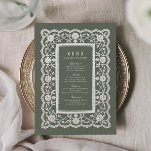 Menu Sage Verde Floral Renda Vintage Casamento Clássico