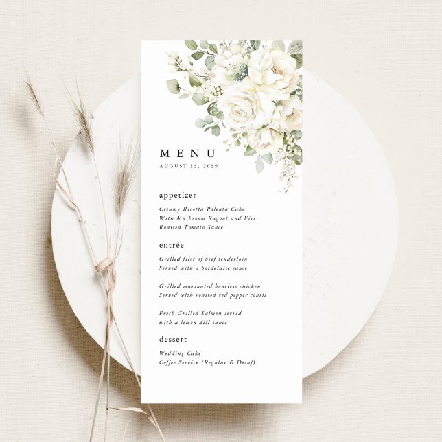 Menu Sage Verde Jantar de Casamento Floral Branco em Aq (Sage green white floral wedding menu card, watercolor roses elegant reception stationery, flat lay)