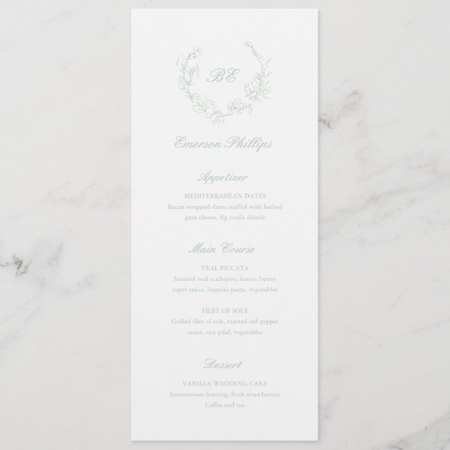Menu Sage Verde Monograma Nome do Convidado Casamento E (Frente)