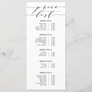 Menu Salão da Lista de Preços da Caligrafia Moderna em 