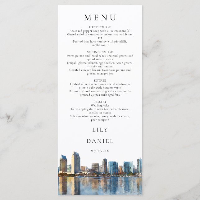Menu San Diego Skyline Watercolor Destination Wedding (Frente)