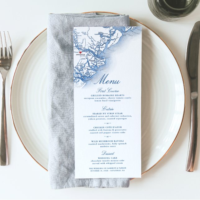 Menu Savannah GA Mapa Elegante Casamento Azul Marinho (Savannah Georgia Map Wedding Menu in Elegant Navy Blue from Coastal Map Designs)