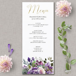 Menu Script Dourado do Buquê de Aquarela Violeta Roxo