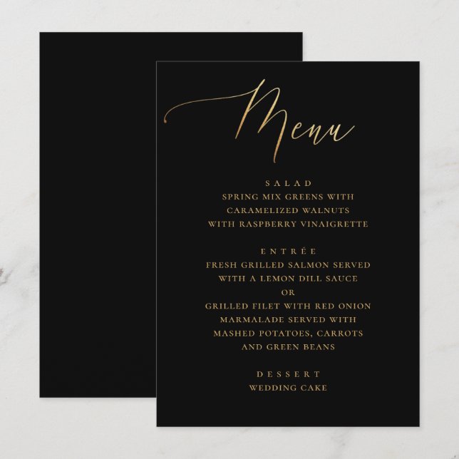 Menu Script Elegante | Casamento Clássico Preto e Doura (Frente/Verso)