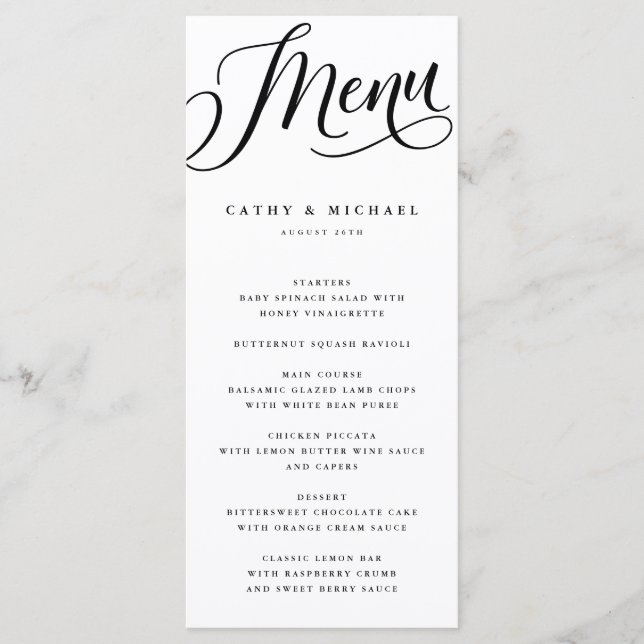 Menu Script Moderno com Florescer, Preto e Branco Alto (Frente)