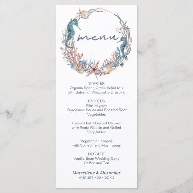 Menu Sea Wreath | Casamento de Aquarelas de Praia Tropi (Frente)
