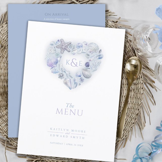 Menu Seashelis monograma aquarela azul de casamento (Criador carregado)