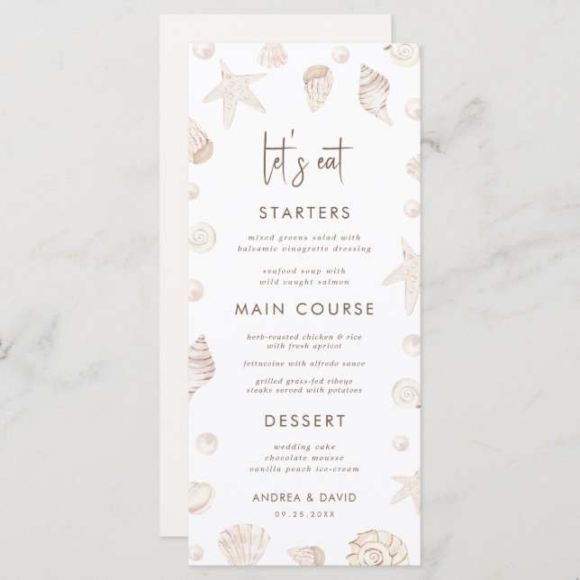 Menu Seashells & Pearls Coastal Beach Seafront Wedding  (Frente/Verso)