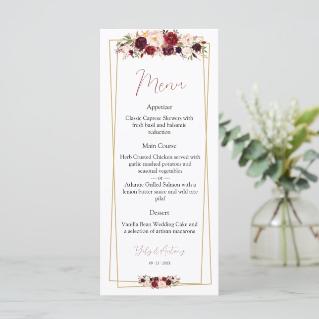 Menu Seleção Sofisticada de Jantar Floral Borgonha (Em pé/Frente)