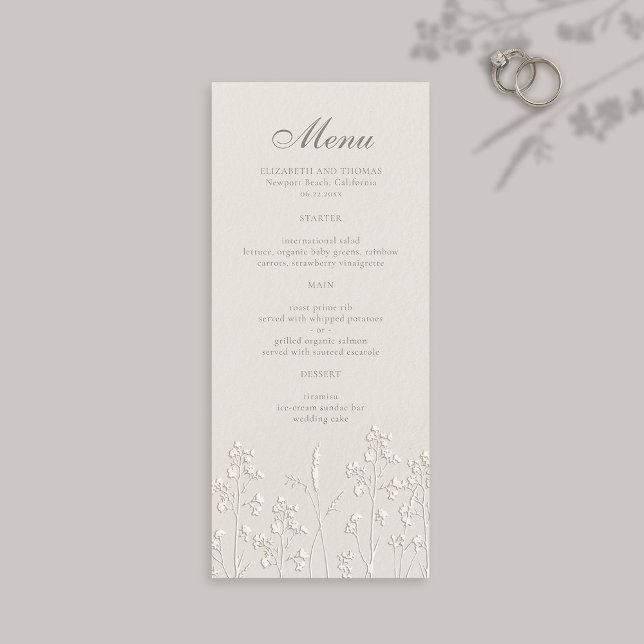 Menu Selvagens Ecru Faux Casamento Formal Embarcado (formal wedding menu card traditional calligraphy ecru faux embossed wildflowers modern classic)