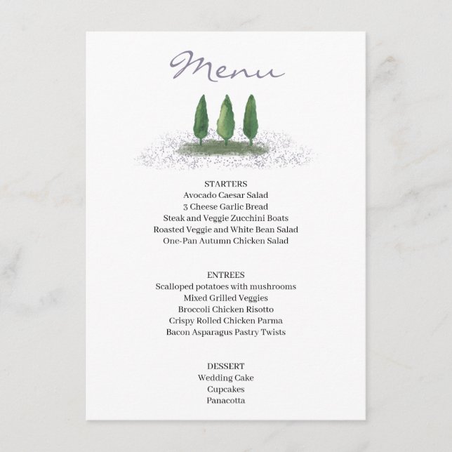 Menu Serviço de Casamento Lavanda de Árvore da Floresta (Frente)