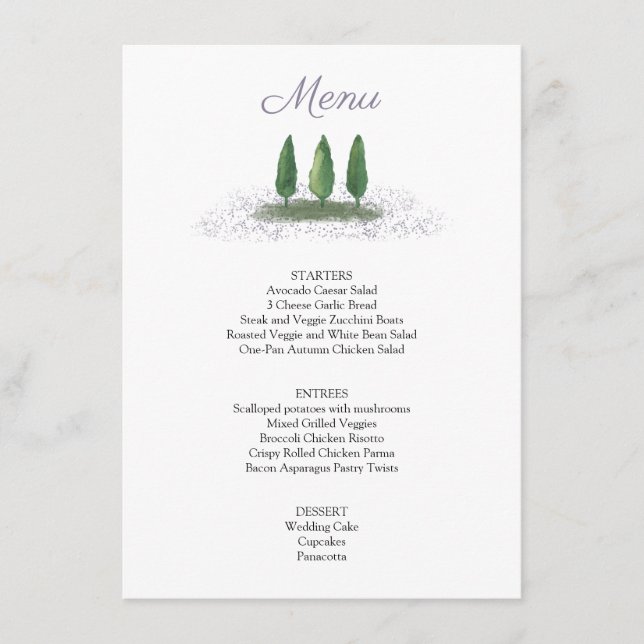 Menu Serviço de Casamento Lavanda de Árvore da Floresta (Frente)