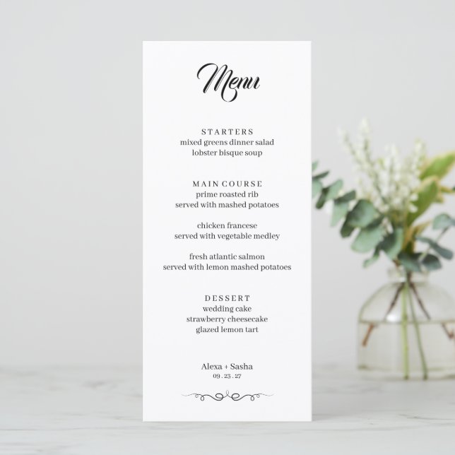 Menu Simple Black & White Elegant Minimalist Wedding (Em pé/Frente)