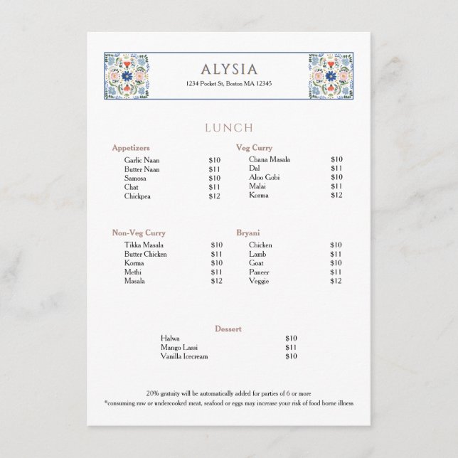 Menu Simple Elegant European Tile Restaurant Lunch (Frente)