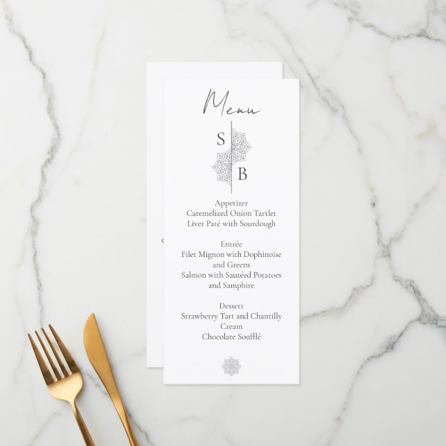 Menu Simple Modern Boho Monograma Mandala Casamento (Frente/Verso In Situ)